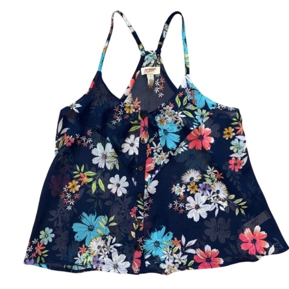 Arizona Jean Floral Racerback Tank Top Navy Blue Ruffle Button Front Medium NWT